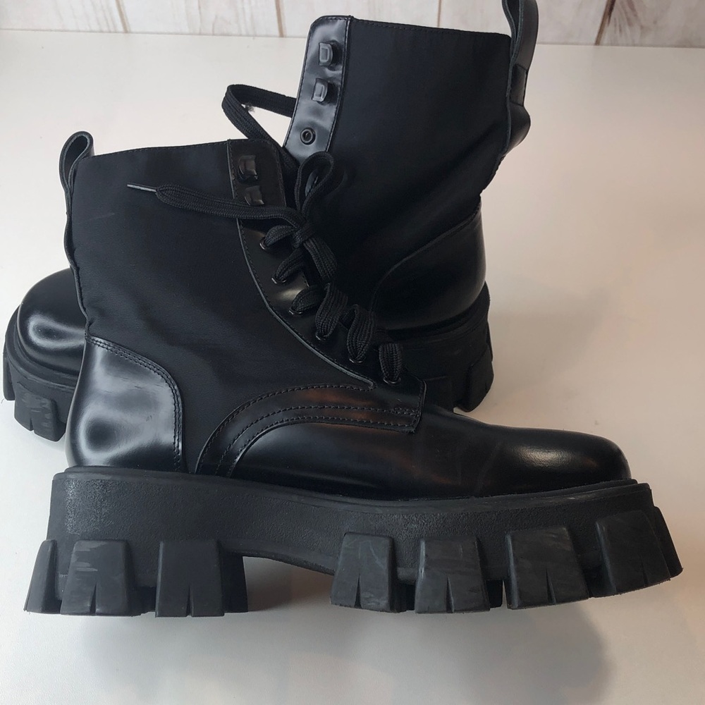 Prada Black Leather & Nylon Lug Sole Platform Combat Boots EU 38 Made in Italy - Picture 14 of 17